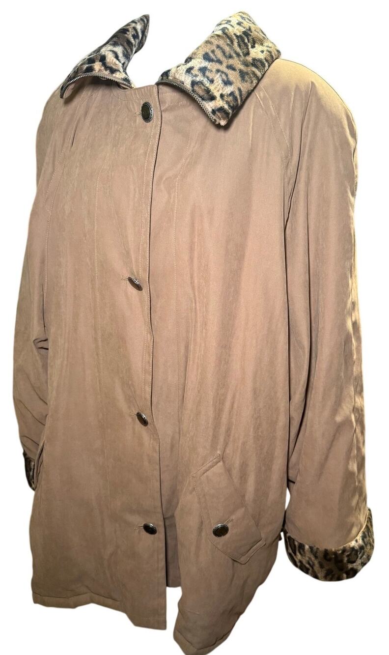 Bernardo Vintage Leopard Faux Fur Trim Insulated Coat, Camel Brown, Plus Size 3X